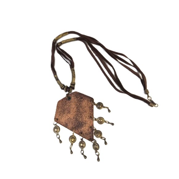 VTG Sunflower Leather Pendant Necklace Suede Cord Brass Tassels OOAK Artisan Boh - Picture 2 of 3